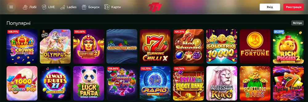 Популярні слоти казино 777 Розділ популярних ігрових автоматів на сайті казино 777 з такими слотами як Gates of Olympus, Egypt Fire 2, Supreme Hot, Burning Chilli X, Hot Sevens та інші з показниками RTP